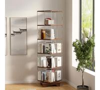 Estantería acrílica giratoria de 360°, soporte de exhibición transparente de 3, 4 o 5 niveles con ruedas, elegante estantería con base de madera para almacenamiento y nización en el hogar y la oficina