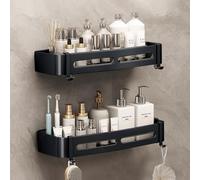 Estanteria Baño, 2 Piezas Estanteria Ducha sin Taladro con 4 Ganchos, Organizador Baño en Aluminio Estante Ducha Resistente Estanteria Baño Sin Taladro para Champú y Gel de Baños, 32×12×4cm (B Negro）