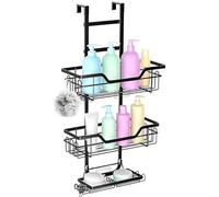 Estantería Baño Sin Taladro Colgar con Gancho, Estante Ducha Puertas Vidrio Ajustable 3 Niveles, Organizador Cesta Jabonera Cuelga Soporte Shampoo Chuveiro Negro para Champú, Jabón, Productos Baño