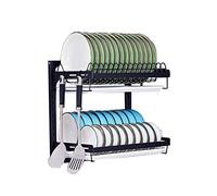Estanteria Cocina, Escurridor de platos colgante para montaje en pared, organizador de platos, cuencos y especias de 2 niveles, soporte de estante de almacenamiento con bandeja de drenaje, 3 ganchos,