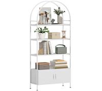 Estantería de almacenamiento HOMCOM, biblioteca arqueada de 4 niveles con armario de doble puerta, patines ajustables, estructura de acero, para escritorio, salón, dormitorio, 80x30 x cm, Blanco