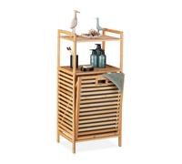 Relaxdays Estantería Baño con Cesta para Colada, 2 Baldas, 96 x 44 x 33 cm, Tapa Abatible, Bambú y Tela, Natural y Gris