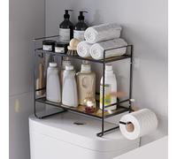 Estantería de baño, estantería de Metal con 2 Ganchos, 2 Niveles, Mueble de baño para la Pared, Ahorra Espacio, Moderno (Negro) (45 x 16 x 36 cm)