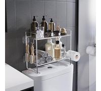 Estantería de baño, estantería de Metal con 2 Ganchos, 2 Niveles, Mueble de baño para la Pared, Ahorra Espacio, Moderno (Plateado) (45 x 16 x 36 cm)