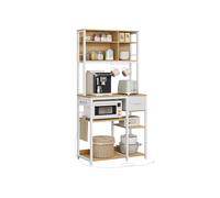 VASAGLE Estantería de Cocina con Multienchufe, Armario de Cocina, 40 x 80 x 180,4 cm, Estante de Microondas, Cajón de Tela, 12 Ganchos, Roble Dorado y Blanco Nube KKS015Y02