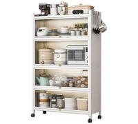 Estantería de cocina de 5 niveles con contenedores y armarios, soporte para microondas con ruedas bloqueables, aparador versátil con puerta abatible para garaje y cocina doméstica