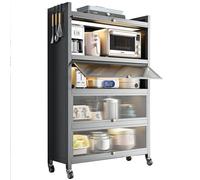 Estantería de cocina de 5 niveles con contenedores y armarios, soporte para microondas con ruedas bloqueables, aparador versátil con puerta abatible para garaje y cocina doméstica