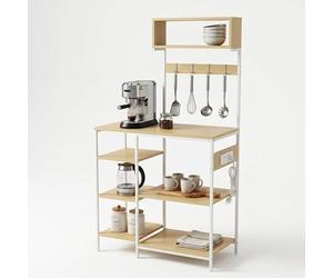 Estantería de Cocina Relaxdays con Enchufe y USB, 151x82x40 cm, para microondas, Madera, Abierta, Metal, Natural/Blanco
