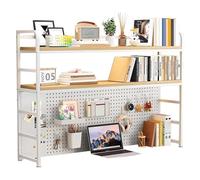 Estantería De Escritorio De 3 Niveles, Organizador De Escritorio Con Panel Perforado Para Almacenamiento, Panel De Rejilla Y Dispositivo Antivuelco(White,90CM)