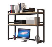 Estantería de escritorio de madera maciza de 2 niveles para dormitorio, oficina, hogar, estante de almacenamiento ajustable con estante de almacenamiento de hierro forjado