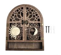 Estantería de madera con diseño de sol y luna para colección de cristales y pequeñas plantas en decoración gótica de brujas