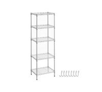 SONGMICS Estantería de Cocina, Estantería de 5 Niveles, Estante Estrecho, 8 Ganchos, Gabinete de Baño de Pie, Paneles de Plástico PP, Altura Ajustable, Metal, Plata LGR115E01