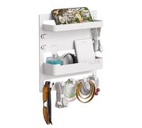 Estantería de pared autoadhesiva para cama de noche sin taladrar, 24 x 23 x 5,4 cm, organizador de pared con ganchos y soporte para cable, accesorio para almacenamiento de dormitorio estudiante para