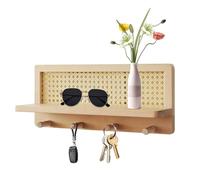 Estantería de pared bohemio - Estantería de pared de ratán, estante colgante de madera y mimbre | Estantería rústica, decoración de granja, estante de pared bohemio, organizador de pared con ganchos