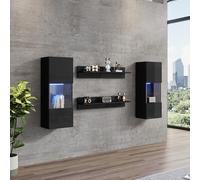 Estantería de pared con 4 cajones, armario de pared y 2 estantes, iluminación inteligente controlada por aplicación, acabado brillante y puertas de cristal templado para sala de estar, mueble de TV