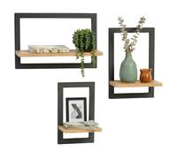 Relaxdays Estantería de Pared, Juego de 3 Unidades, Metal y MDF, 3 tamaños, Estante Flotante para Marcos de Fotos y decoración, salón, Color Natural/Negro