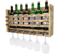 Estantería de Vino de Pared de Madera con Soporte para Copas - botellero Colgante rústico para 4 Botellas y 2 Copas, Mueble Bar Decorativo para Cocina o salón, Color marrón Oscuro 52x20x12 cm