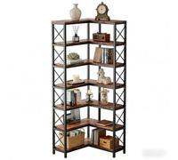 Estantería esquinera con puntales en forma de X, estantería de 7 niveles de metal y madera, estantería industrial con 14 compartimentos como separador de habitaciones y vitrina para salón, pasillo, 61