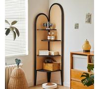 Estantería esquinera de 4 niveles, estantería de ratán y madera maciza con capas de madera gruesa resistentes, estante de almacenamiento independiente para sala de estar, oficina en casa, espacio