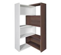Estantería expandible 3-en-1, librería de madera con ancho ajustable, 4 niveles de almacenamiento, convertible en estantería de esquina o recta, exhibidor moderno White + Walnut 47.2" × 11.8" × 63.0"