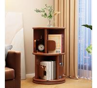 Estantería giratoria de 360°, estantería redonda de 2 niveles con sujetalibros de madera, estante de almacenamiento de pie para espacios pequeños, dormitorio y sala de estar (nogal, 15.7 x 15.7 x 26.3