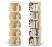 Estantería giratoria de 360 grados, estantería giratoria de 5 niveles de madera de pino natural, estantes de montaje libre, base giratoria de acero estable, estantería giratoria de acero, estantería