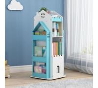 Estantería giratoria de 360 grados para niños, estantería de pie con color azul de 42.5 pulgadas de altura, estuche de almacenamiento de libros infantiles y estantería