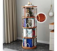 Estantería giratoria de 4 niveles, estantería esquinera de madera que ahorra espacio, para habitaciones pequeñas, acabado de teca blanca, ideal para almacenamiento de sala de estar, diseño giratorio