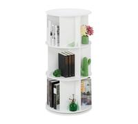 Relaxdays Estantería Giratoria, 15 Compartimentos, 104x50 cm, 3 Niveles, Estante Redondo Libros, Librería, MDF, Blanco