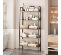 Estantería Industrial De 5 Niveles Que Ahorra Espacio: Alta y Estrecha, Con Marco De Metal y Estantes Abiertos De Madera Rústica Marrón. Organizador De Almacenamiento Moderno Para Oficina, Hogar, Sala