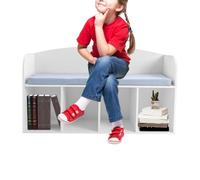 Estantería infantil blanca, 102 × 29 × 58,5 cm, estantería infantil de PVC para juguetes con cojín suave y 4 cajas de almacenamiento, estantería para accesorios de arte, libros, peluches y coches de