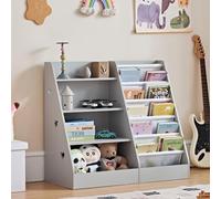 Estantería infantil con 5 pantallas de libros y 4 estantes, estantería grande gris para niños, estantería de madera para niños, organizador de juguetes para habitación infantil, guardería, 90 x 40 x