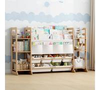 EstanterÍa Infantil para Juguetes y Libros para Juguetes con 4 Compartimentos de Tela Oxford, Estantería infantil de Madera Maciza con 6 Caja de Almacenamiento, Organizador de Libros (133x80x34 CM)