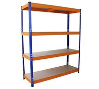 Estantería Metálica Azul y Naranja S-Rax Sin Tornillos 150x50x180cm de 4 Estantes Baldas Repisas Capacidad 265kg por Estante Almacenamiento Almacenaje Herramientas Cobertizo Oficina Taller Garaje