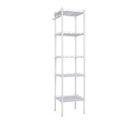 Estantería metálica blanca 5 baldas ajustables con ganchos laterales | 145x30x30cm | Estante almacenamiento resistente para cocina, despensa, baño, garaje u oficina | Montaje fácil sin tornillos