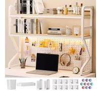 Estantería organizadora de escritorio con paneles perforados, marco de acero, madera difícil de deformar, 1 y 2 pisos, ideal para escritorio de computadora, dormitorio, oficina y organización del