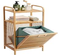 Estantería para Ducha de Bambú con Cesto inclinada de Ropa Sucia Mueble de Baño con 2 Estantes Abiertos Ideal para Baño Lavandería y Armario