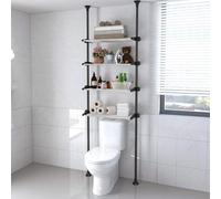 Estantería para inodoro con estantes ajustables de 4 niveles, ahorra espacio y barra doble tensora de pie, organizador de perchas sin necesidad de taladrar