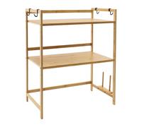 Estantería para microondas, 55 x 35 x 67 cm, bambú, ampliable, altura de 36 cm, rectangular, soporte para microondas, con soporte para tabla de cortar, barandillas y 4 ganchos