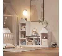 Estantería para niños, estantería de juguetes para habitación infantil con 8 compartimentos y 1 cojín, organizador de juguetes, mucho espacio de almacenamiento, 121 x 30 x 108 cm, cajas de