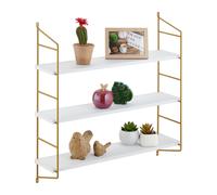 Relaxdays Estantería Pared 3 Baldas, Hierro y MDF, 60 x 60 x 15 cm, Decorativa, Estantes Flotantes, Blanco y Dorado