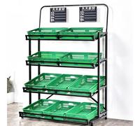 Estantes de exhibición de suelo de 4 niveles con cestas de plástico, soporte organizador de frutas y verduras para despensa, mercado y almacenamiento de alimentos