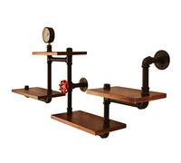 Estantes de pared flotantes de tubería industrial de metal antiguo y madera real, estantería para casa de campo, cocina y bar, estante colgante estilo steampunk con diseño de metal abierto.