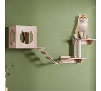 Estantes de Pared para Gatos, Juego de Escalada for Gatos montado en la Pared de Madera Maciza con Perchas y Poste rascador en Blanco, Beige(White)
