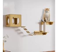 Estantes de Pared para Gatos, Juego de Escalada for Gatos montado en la Pared de Madera Maciza con Perchas y Poste rascador en Blanco, Beige(Beige)