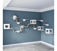 Estantes de pared para gatos, juego de muebles de madera para gatos con zonas de escalada, arañazos y descanso, incluye estantes, perchas, puente, hamaca y tabla para rascar