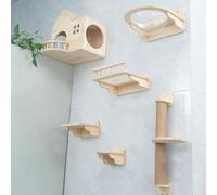 Estantes de Pared para Gatos, Juego de Muebles de Pared for Gatos con Cama, Plataforma, casa, Mirador, Poste rascador, Madera, 6 uds.
