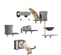Estantes de pared para gatos Pawut, juego de muebles de 5 piezas, árbol para gatos de pared, con 2 nichos, hamaca, plataformas, rascador de sisal para gatos de interior de hasta 5 kg, Gris