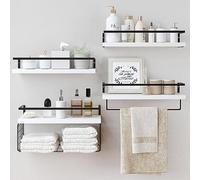 Estantes flotantes de madera blanca montados en la pared, estantes de pared rústicos de baño de 4 + 1 niveles sobre el inodoro con cesta de almacenamiento de alambre y barra de toalla, juego de 4