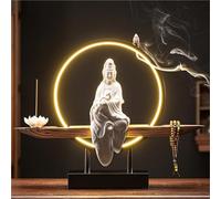 Estatua Buda De Cerámica Kwan Yin Con Quemador De Incienso De Reflujo Luz Led Decoración Zen Hecha A Mano Meditación Yoga Relajación Casa Oficina(D)